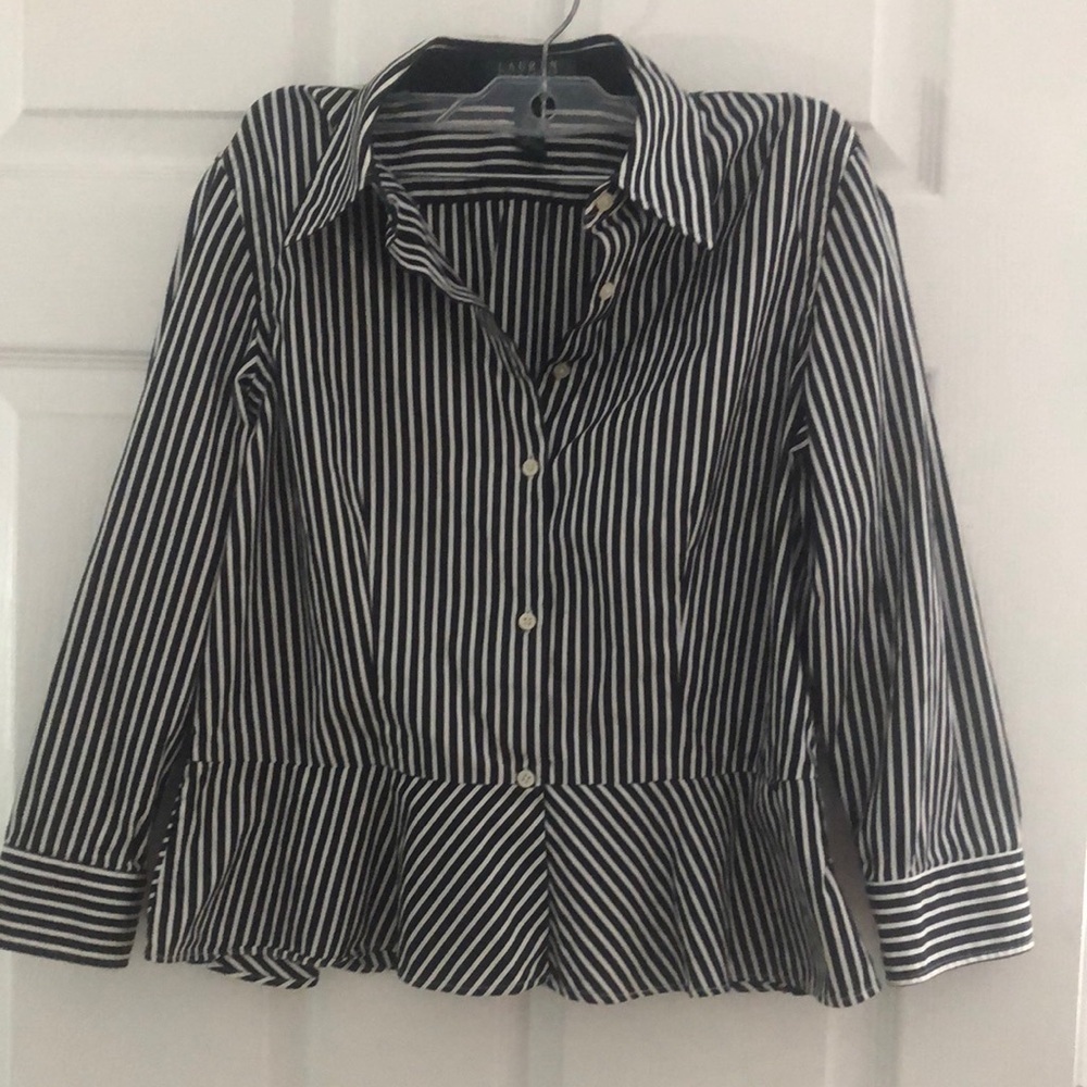 Lauren Ralph Lauren Black and White Striped Peplum Button Down Shirt - Picture 4 of 16